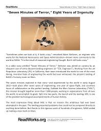 Nasa has released video showing the moment its most sophisticated rover, perseverance, touched down on the red planet — and the seven minutes of terror it endured when fighting. Seven Minutes Of Terror Eight Years Of Ingenuity