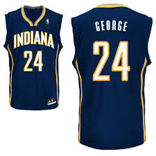 The jersey is primarily white with a blue and black chequered flag trim on the left hand side of the jersey. Cheap Nba Indiana Pacers 24 Paul George Authentic Road Blue Jersey For Sale