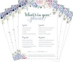Play this game with your family and friends at your bridal or wedding shower by having them find the list of items on their phone. Amazon Com 30 Pack Bridal Shower Games What S In Your Phone Bridal Shower Game Cards Succulent Design Matches Any Floral Bridal Shower