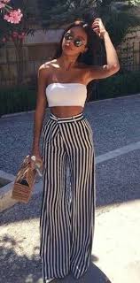 Black And White Square Pants Outfit Ideas Women S White Tube And Black And White Stripped Pants Trendy Summer Outfits Stripped Pants Summer Outfits