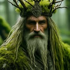 Forest king, handsome old man, eyes glowing, gray, grass hair, grass  clothes, crown of bark and wood