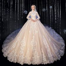 The flattering waistline is trimmed with raw plant fibres this delicate and romantic short wedding dress is crocheted using the irish lace technique. Elegant High End Champagne Wedding Dresses 2020 Ball Gown Glitter Lace Flower High Neck 3 4