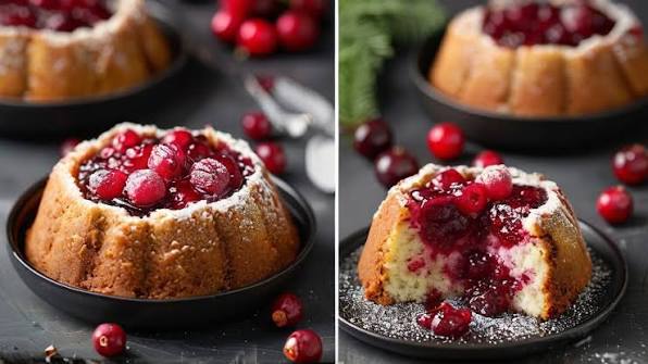 Classic Steamed Cranberry Pudding with butter-orange sauce and a dollop of cream