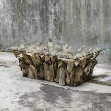 Heaton natural teak wood outdoor coffee table. 54 W Benjamin Teak Root Coffee Table Distressed Finish Teak Wood Clear Glass Ebay