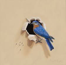 Birds Of Eastern Pa A Contemporary Realism Bird Painting Of An Eastern Bluebird Male Clinging Outside A Ripped Trompe L Oeil Hole In Art Pa Mural Wall Art Birds Painting Mural Art
