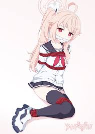 yanpooru, natsu (blue archive), blue archive, highres, 1girl, arms behind  back, bdsm, black thighhighs, bondage, bound, gag, halo, over-kneehighs,  restrained, school uniform, serafuku, shibari, thighhighs, tied up  (nonsexual) - Image View - |