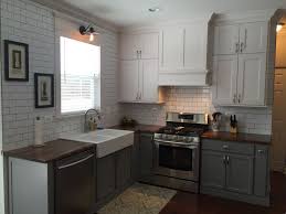 After Picture Of Kitchen With Butcher Block Counter Top Crown Molding White Upper Cabinets With Gray Countertops Butcher Block Countertops Cheap Countertops