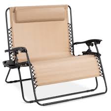 Sporting wooden armrests that don't get hot in summer days, the timber ridge zero gravity chair has a frame made from steel tubes that make it both portable and. Best Choice Products 2 Person Double Wide Outdoor Folding Zero Gravity Chair Patio Lounger W Cup Holders Beige Walmart Com Walmart Com