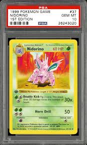 This powerful pokémon thrusts its prized horn under its enemies' bellies, then lifts and throws them. 1999 Nintendo Pokemon Game Nidorino 1st Edition Psa Cardfacts