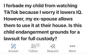 In a full custody arrangement, one parent is the custodial parent, while the other parent is generally granted generous visitation rights as determined by the court. Trying To Get Full Custody Because Their Kids Are Allowed To Watch Tiktok At Their Exs Fuckyoukaren