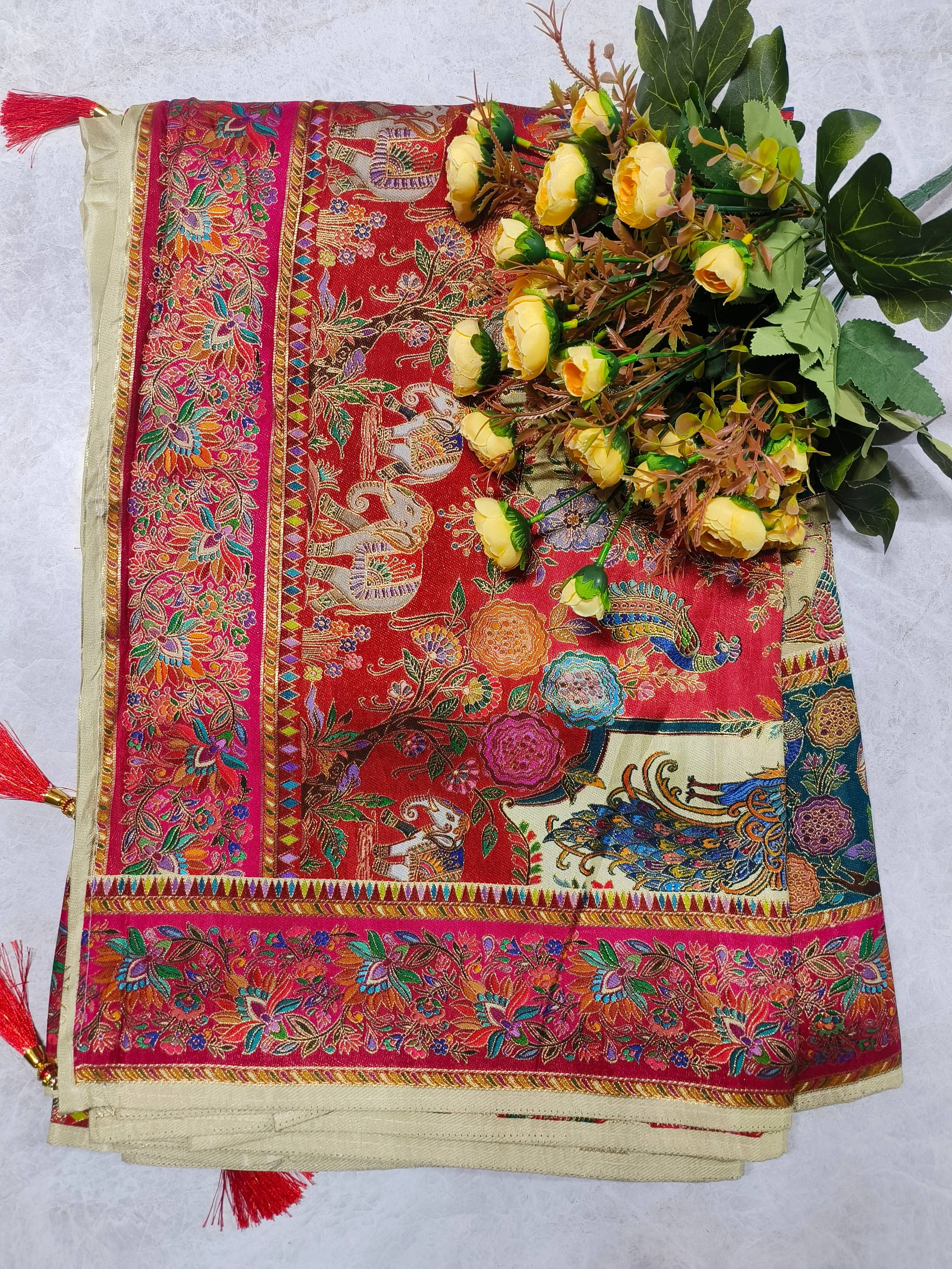 Artistic Multicolored Printed Saree with Peacock and Flora product image