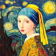 mix the girl with a pearl earring and starry night --profile q823h7r --v 7