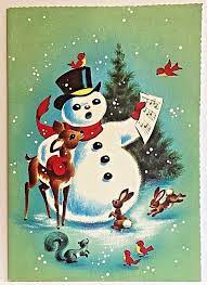 Vntg Mc Christmas Card Deer Snowman Singing To Bird Bunnies Squirrel Tree Unused Vintage Christmas Cards Christmas Graphics Retro Christmas Cards