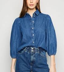 Asos asos design denim puff sleeve belted dress in washed gray $42 $60. Blue Puff Sleeve Denim Shirt New Look