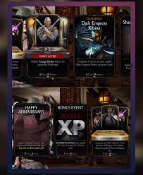 Dark empress kitana is unlocked by completing 10 living towers. Mortal Kombat X Mobile Fan Community Dark Empress Kitana S Challenge Is On Scourge Baraka S Ea Is Available 25 Discount On All Packs And Daily Rewards Are Now Obtainable Also Double Xp