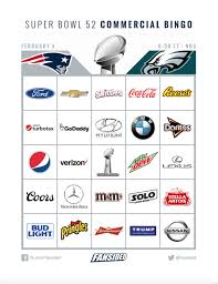 Printable 50 square football box grid. Super Bowl 52 Commercial Bingo