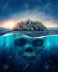 Sea, shark, mascot, angry, dangerous, mouth, predator, scary, tooth, underwater, wildlife, attack, comic shark swims over the camera in the deep of ocean. Fantasy Spooky Island Underwater Scull Stock Photo Picture And Royalty Free Image Image 114743170