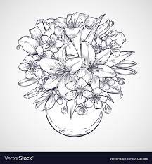 Illustration Bouquet Of Flowers Of Lily And Sakura In A Round Vase Hand Drawn Sketch Download A F Flower Bouquet Drawing Flower Drawing Poppy Flower Drawing