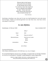 Willem wim kok (dutch pronunciation: Ir Jan Zijlstra 06 10 2017 Overlijdensbericht En Condoleances Mensenlinq Nl