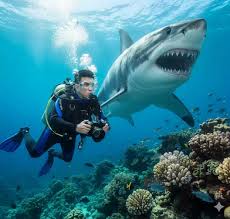 An underwater cinematic scene showing a lone scuba diver surrounded by  crystal-clear turquoise waters. Sunlight beams filter down from the  surface, illuminating coral reefs and small schools of fish. ...