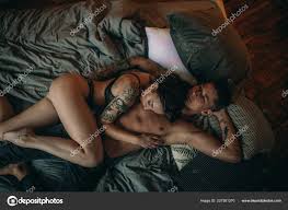 Young Half Naked Couple Love Lie Hug Crumpled Bed Top — Stock Photo ©  stasia04 227581370