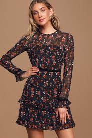 Vintage 80s pleated dress with floral pattern. Cute Black Floral Print Dress Long Sleeve Dress Mini Dress Lulus