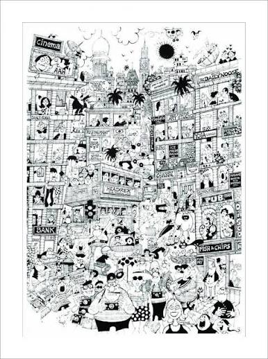 Welcome To Bombay": White Pen Ink Painting by Mario Miranda – ArtZolo.com