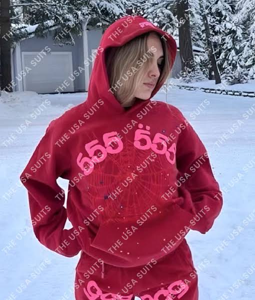 Street Style: Red Sp5der 555 Hoodie Styled in Winter Outfits, AI generated