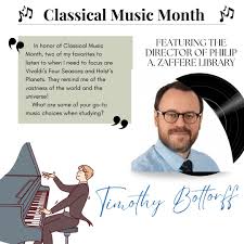 This month, we're highlighting some classical favorites from Timothy  Bottorff, our Library Director! His top choices that helps him focus:  Vivaldi's Four Seasons and Holst's Planets. 🌟🎶 Let the vastness of the