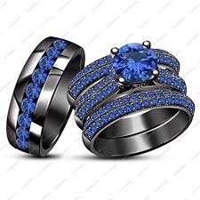 Mens Black And Blue Wedding Rings Women S Mens Black Gold Finish 925 Silver Blue Sapphire Engagement Ring Trio Set Sapphire Engagement Ring Blue Black Gold Ring Sapphire Engagement Ring Set