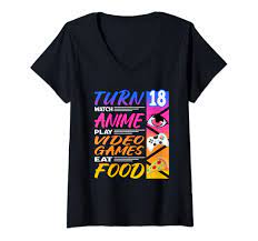 Amazon.com: Womens 18th Birthday I Manga I Gamer I 90s Kawaii Pizza Anime  V-Neck T-Shirt : Clothing, Shoes & Jewelry