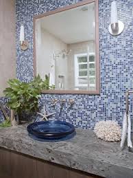 You'll see below that plans i love the wall paper behind your shelves. Coastal Bathroom With Blue Mosaic Tile Wall Hgtv