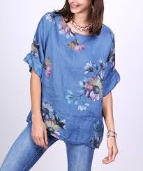 Ornella Paris Jean Floral Roll Tab Sleeve Linen Scoop Neck