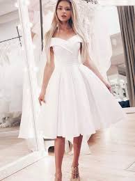 Simple White A Line Off The Shoulder Short Prom Dress With Pleats Om140 Knee Length Wedding Dress Knee Length Prom Dress Homecoming Dresses Knee Length