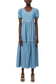 Batsheva Empire Dress In Denim Puff Sleeved Prairie Dresses