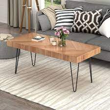 Rectangular wood hairpin coffee table. Modern Wood Coffee Table Nature Cocktail Table For Living Room Chevron Pattern Metal Hairpin Legs Nature Rustic Rectangular Table Glossy Finished Wood Walmart Com Walmart Com