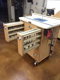 Router Table Constructed From 3 4 Ply And Poplar Materials Full Extension Drawers With Swive Woodworking Router Table Router Bit Storage Router Woodworking