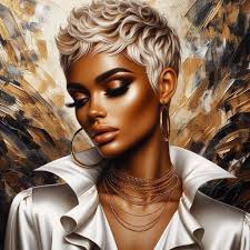 Inspirado Karen Showell A stunning airbrush style portrait of a light  tanned woman with a short silver pixie cut with black strands exuding  timeless charm. She is dressed in an orange satin