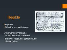 Video shows what illegible means. Unreadable Synonym