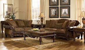 Traditional Brown Fabric Wood Trim Sofa Couch Set Living Room Furniture Antique Living Rooms Ashley Furniture Living Room Living Room Leather