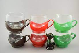 Vintage Melitta Drink Up Cups Glass Cups With Holders Red Brown And Green Flower Power Punch Glasses Plastic Cup Holders Glass Cup Glass Cup