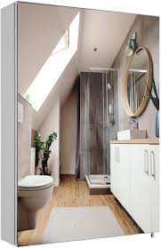 The inside of this cabinet features two tempered glass shelves. Homfa Bathroom Mirror Cabinet 27 5 X 20 Inch Stainless Steel Storage Cabinet Medicine Cabinet With Single Door And 2 Inside Shelves Multipurpose Wall Mounted Storage Organizer Kitchen Dining Amazon Com