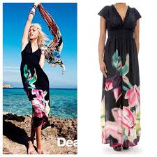 Desigual Black Sindi Floral Bohemian V Neck Long Casual Maxi Dress Size 8 M