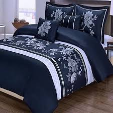 Modern Floral Navy Blue Snd White Embroidered Floral 5 Piece Duvet Cover And Shams Set King Size Wi Classy Bedroom Classy Bedroom Decor Blue And White Bedding