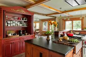 rustic open plan kitchen with red