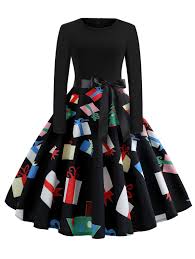 Christmas Printed Fit And Flare Long Sleeve Dress Long Sleeve Print Dress Long Sleeve Dress Flare Long Sleeve
