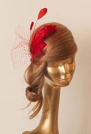 Red Birdcage Veil Fascinator With Feathers Cocktail Fascinator Fascinator Beautiful Hats Birdcage Veil