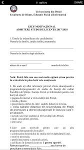 Toţi candidaţii vor depune un eseu motivaţional, datat şi semnat pentru anul 2015 ase va scoate la concurs pentru ciclul de licenţă 5.668 de locuri la forma de înscrierile pentru forma de învăţământ cu frecvenţă au loc în 13 şi 14 iulie iar afişarea rezultatelor la eseul motivaţional se va face în 18 iulie. Eseu Facultatea De Educatie Fizica Si Sport Pitesti Facebook