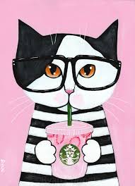 Kitty Loves The Pink Drink Original Coffee Cat Folk Art Painting Folk Art Cat Cat Painting Cat Art Illustration
