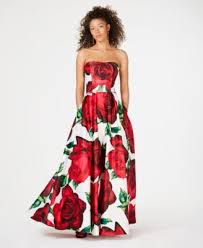 Juniors Rose Print Strapless Ballgown Macys Com Ball Gowns Womens Dresses Rose Prom Dress